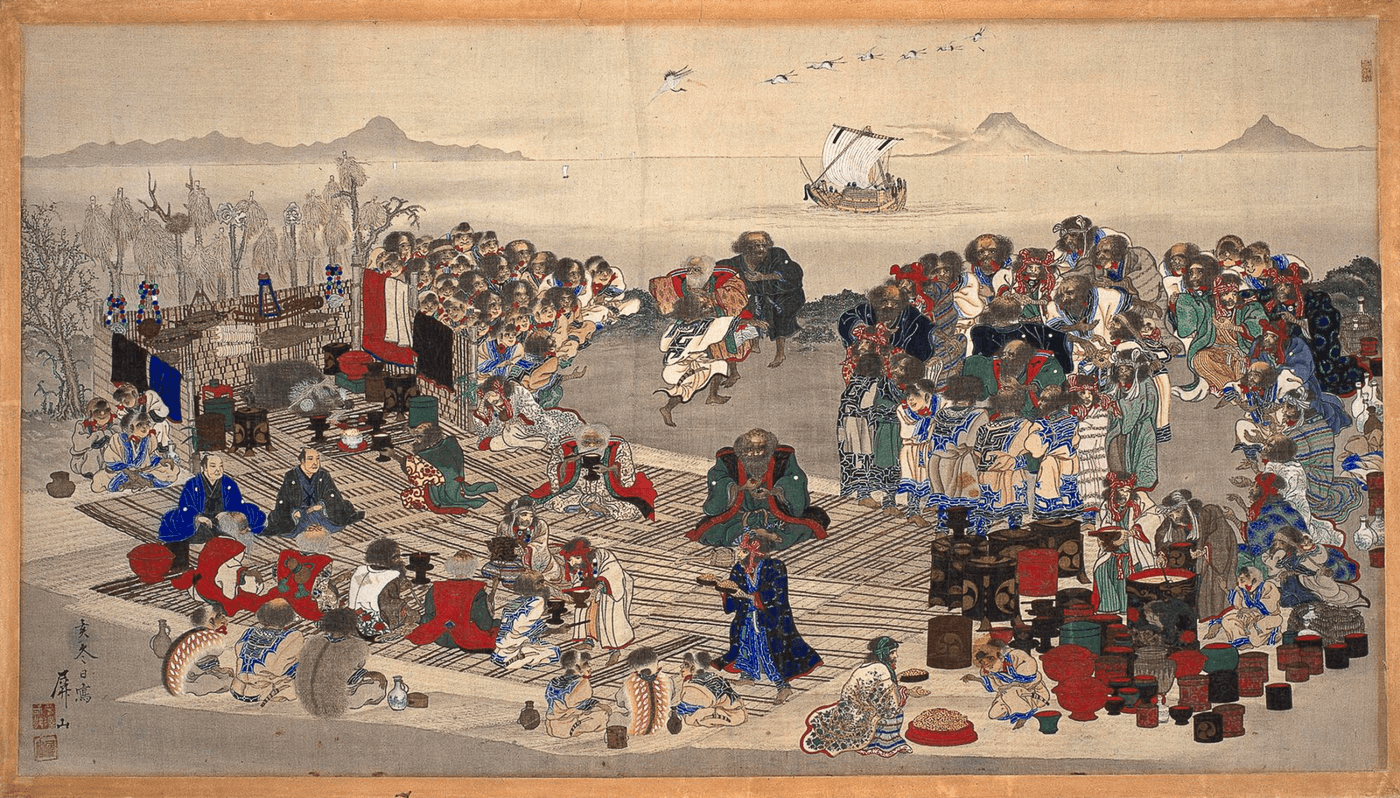 19th-century woodblock illustration of the Ainu iyomante bear-sending ceremony by Hirasawa Byōzan, 1875.
