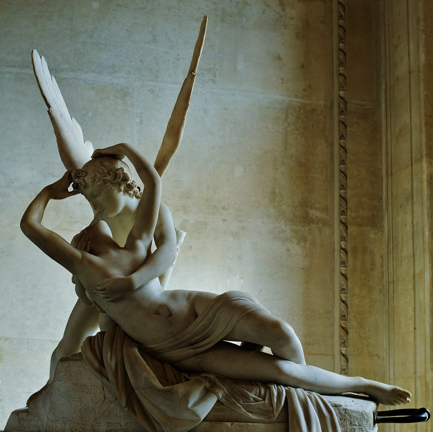 Antonio Canova's marble sculpture Psyche Revived by Cupid's Kiss, c. 1787, showing Psyche awakening with butterfly wings, Louvre Museum, Paris.