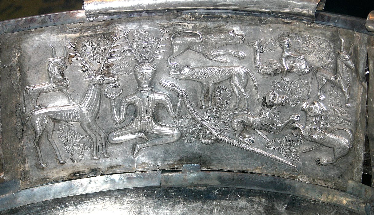 Silver repoussé panel from the Gundestrup Cauldron showing Cernunnos with stag and animals.