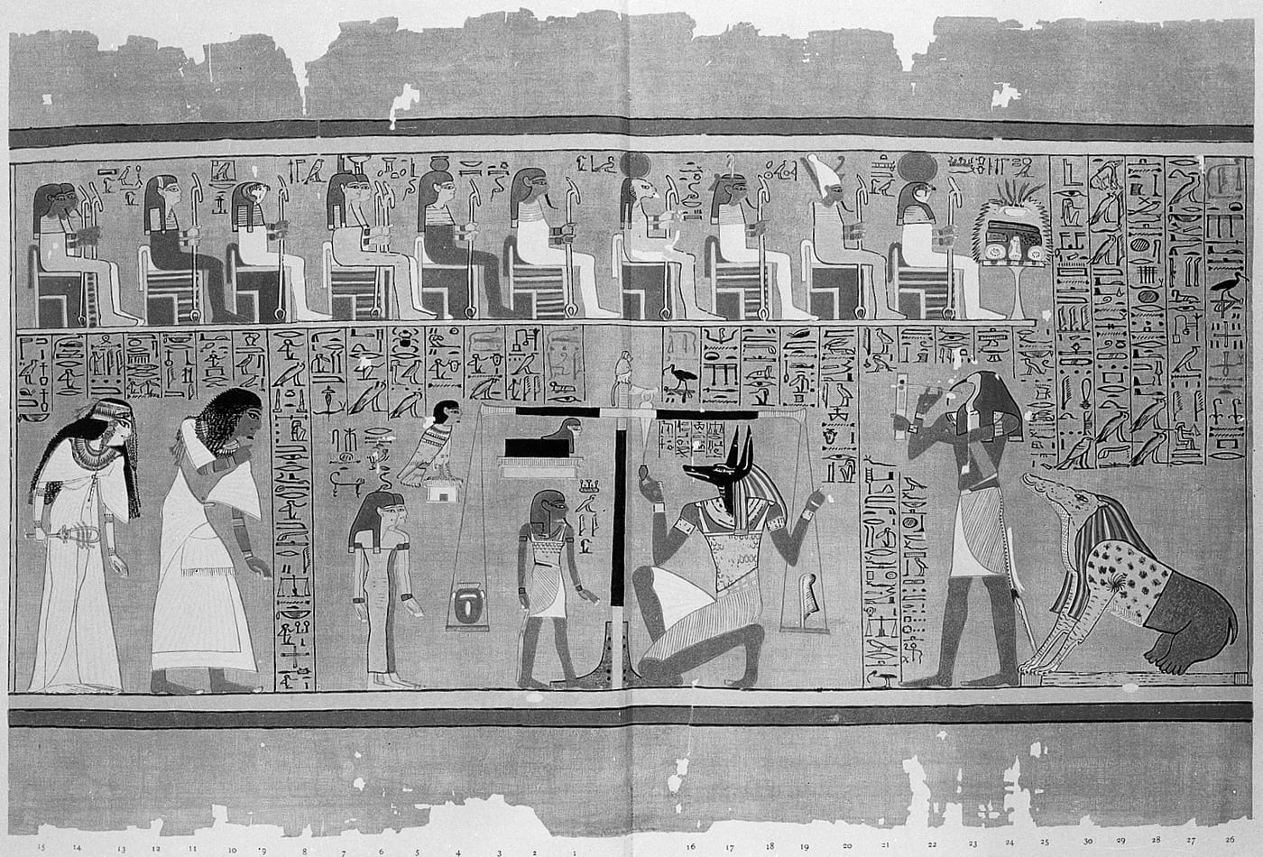 The Weighing of the Heart scene from the Papyrus of Ani, Book of the Dead, c. 1300 BCE, British Museum, showing Anubis (jackal-headed) at the scales — a complementary Egyptian animal-deity tradition to Bastet's cat cult at Bubastis, both attested in Herodotus's Histories.