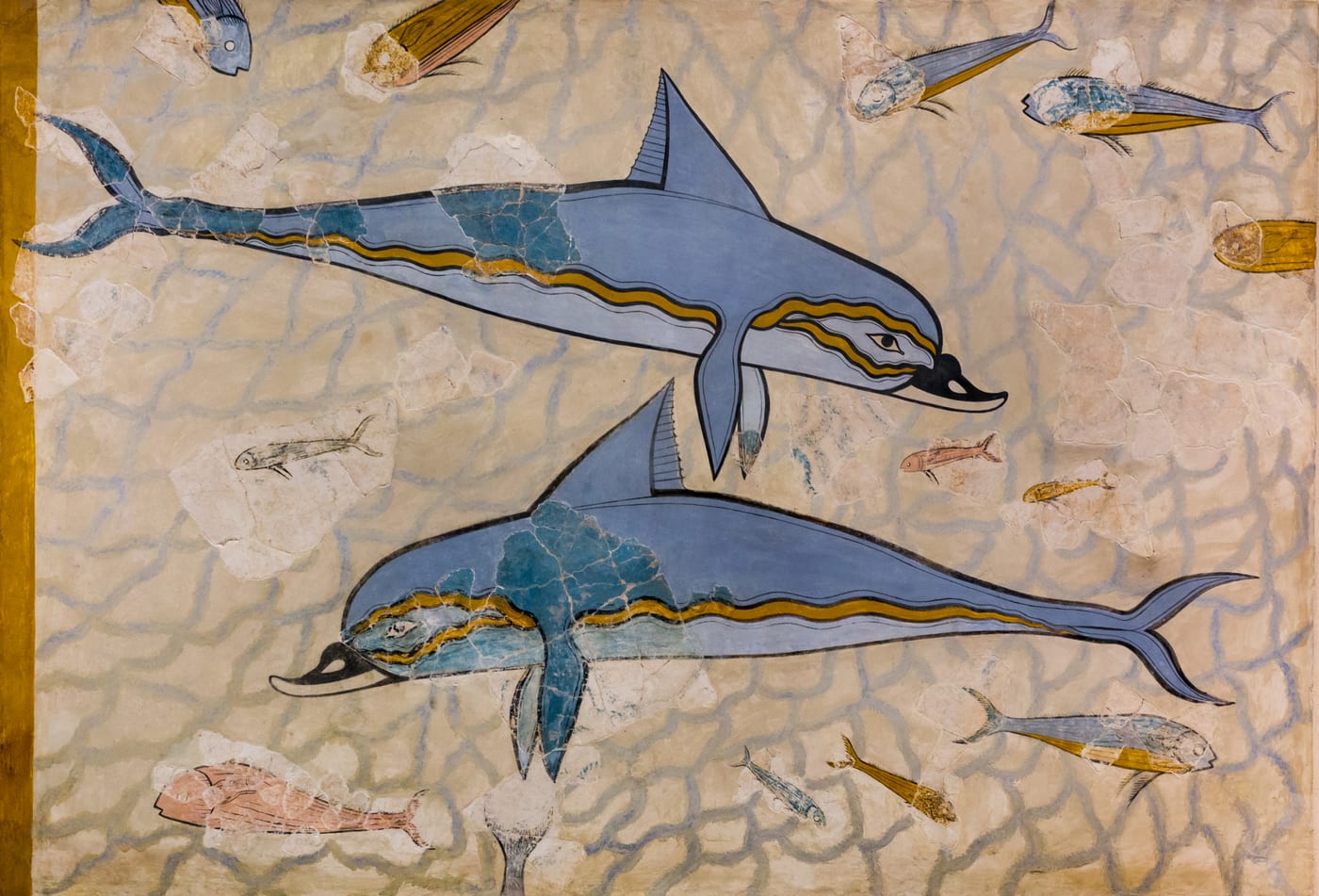 Minoan wall fresco from the Queen's Megaron at Knossos showing dolphins swimming.