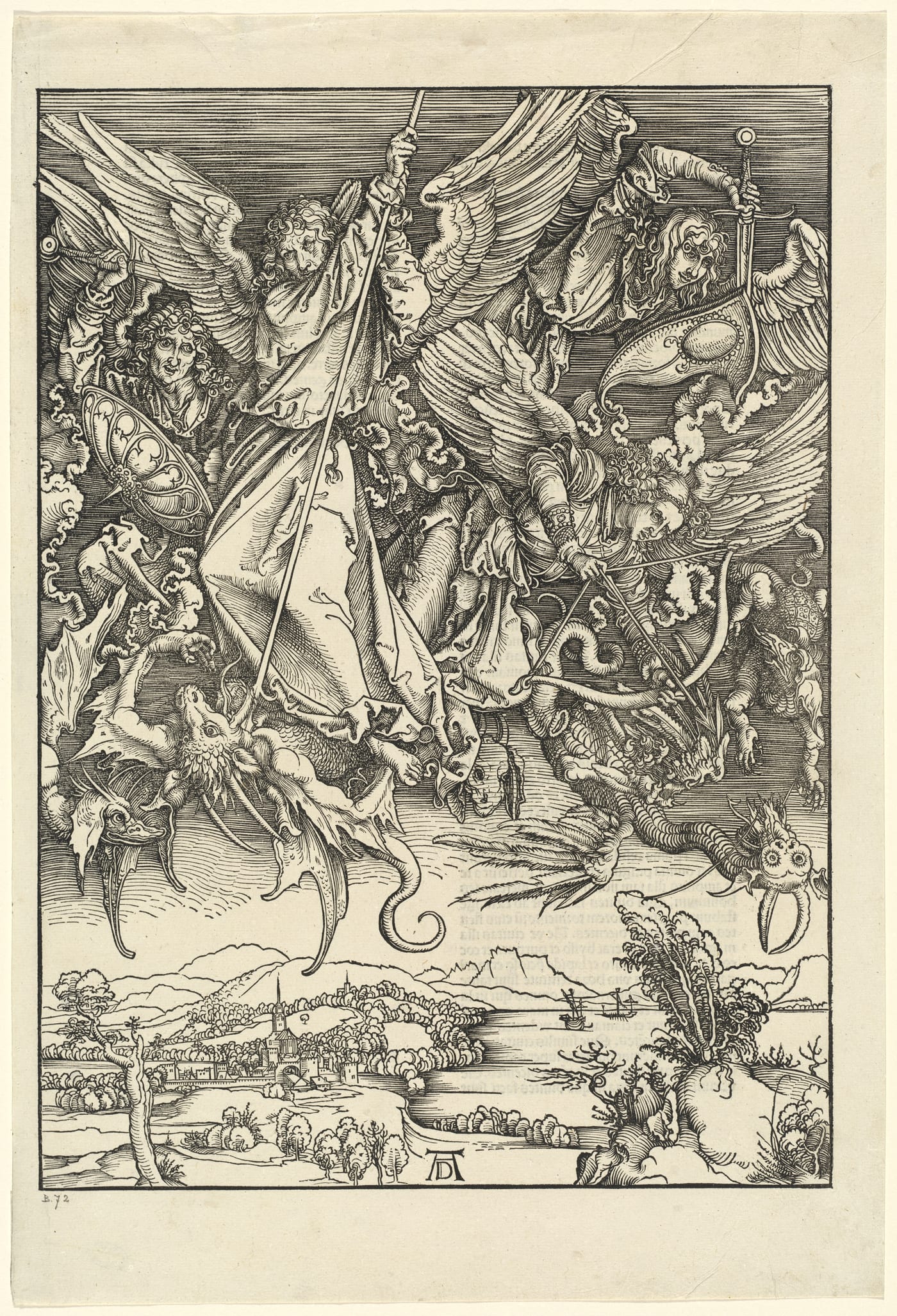 Woodcut by Albrecht Dürer depicting the Archangel Michael battling a multi-headed dragon, 1498.