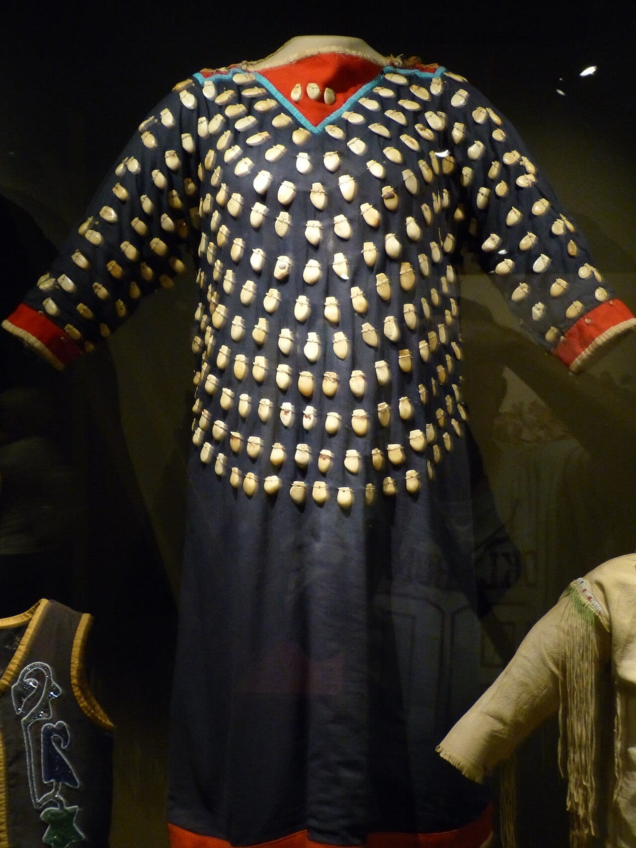 Crow elk-tooth dress, ca. 1920, dark blue wool trade cloth covered with rows of real elk ivory teeth, red and light blue trim.