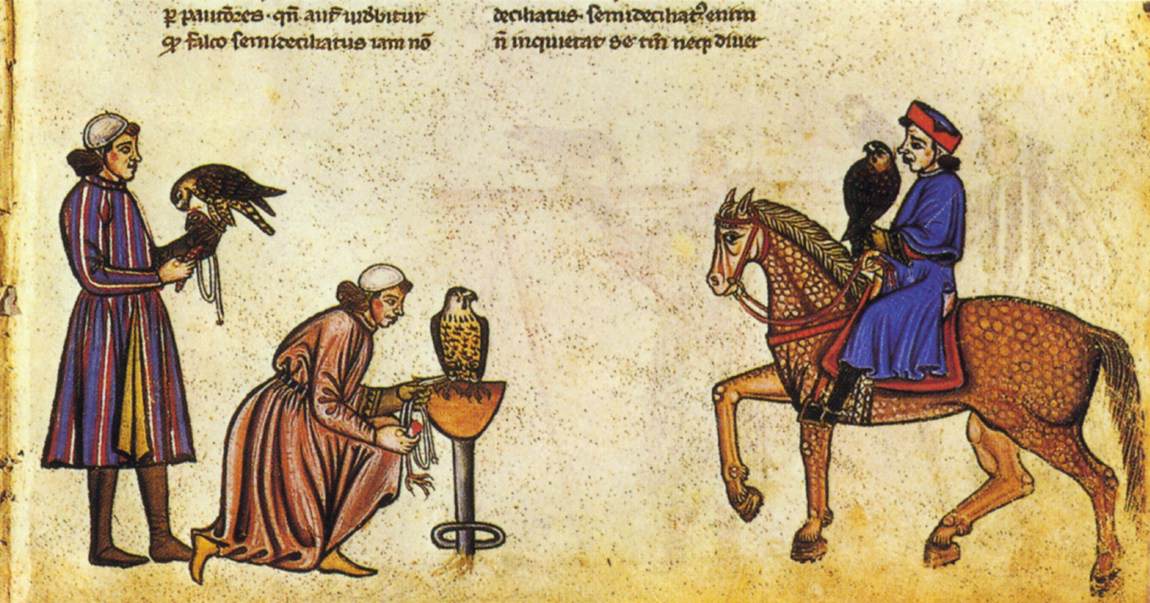 Illuminated manuscript page from Frederick II's De Arte Venandi cum Avibus (c. 1240s), showing falconers with trained birds, Vatican Library MS Pal. lat. 1071.