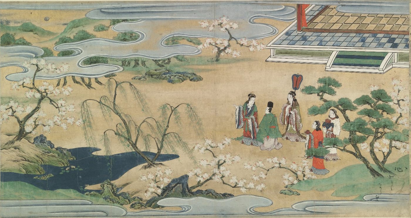 Scene from the Urashima Tarō handscroll showing the season of spring in the underwater kingdom, with cherry blossoms and courtly figures, late 16th to early 17th century, Bodleian Libraries, Oxford.
