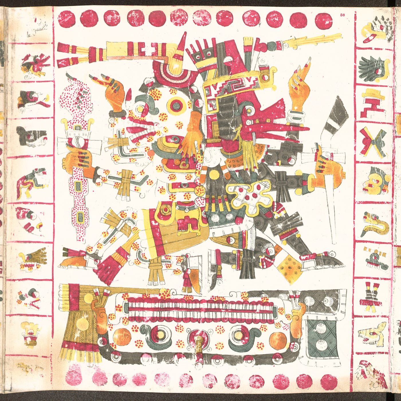 Page 56 of the Codex Borgia (c. 15th–16th c.), Mixteca-Puebla pictorial manuscript, with Quetzalcoatl (the feathered serpent) and Mictlantecuhtli (lord of the dead) depicted back to back.