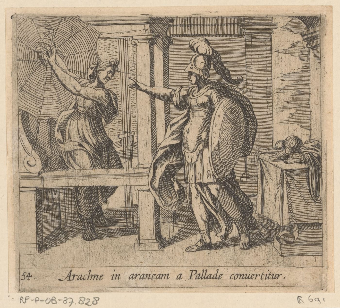 1606 etching by Antonio Tempesta showing the moment Minerva (Athena) transforms the weaver Arachne into a spider, from a series illustrating Ovid's Metamorphoses.