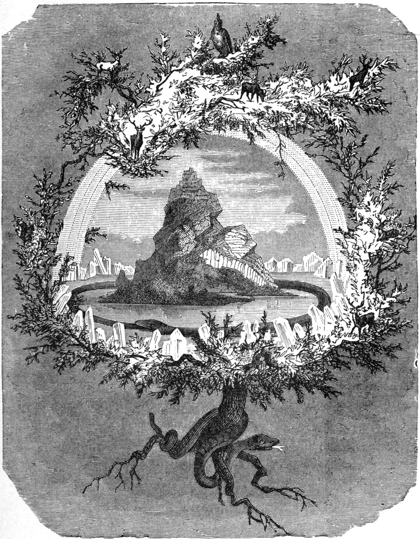1886 engraving of Yggdrasil, the Norse world-ash, showing the eagle at its crown, the serpent Níðhöggr gnawing its roots, and the squirrel Ratatoskr running the trunk between them.