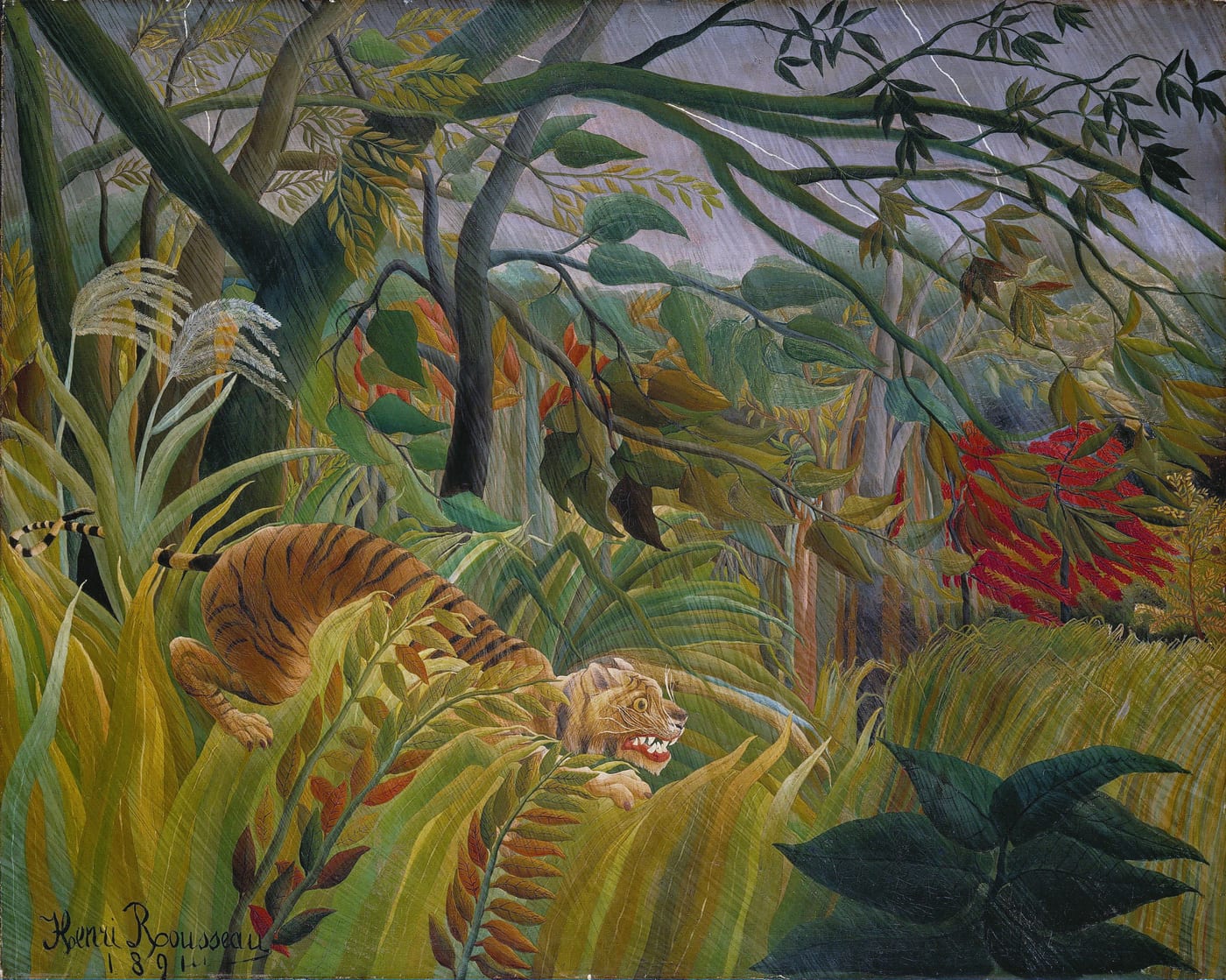 Oil painting by Henri Rousseau of a tiger crouching in a tropical jungle during a storm, 1891, National Gallery, London.