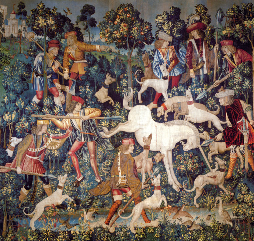 Medieval tapestry showing the unicorn defending itself from hunters, the fifth in the Hunt of the Unicorn series, 1495–1505, The Cloisters, Metropolitan Museum of Art.