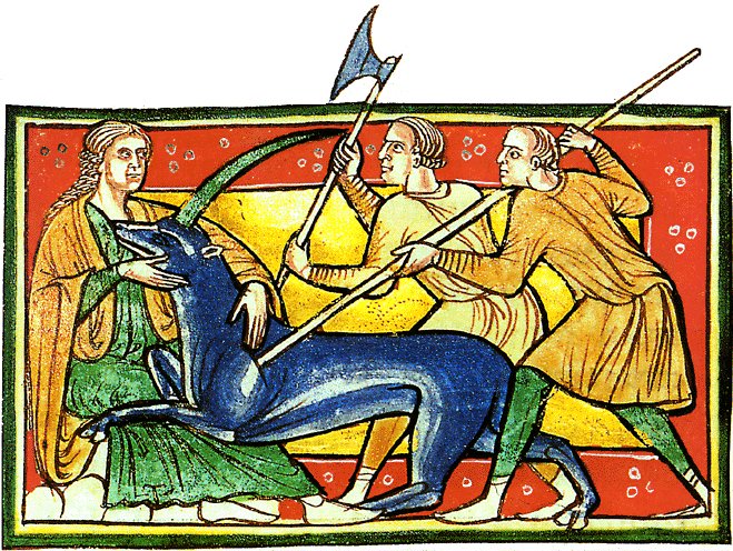 Medieval illuminated manuscript miniature of a unicorn from the Worksop Bestiary, England, circa 1185, Morgan Library MS M. 81.