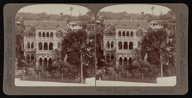 Late 19th or early 20th-century stereograph photograph showing wealthy Parsi homes on Malabar Hill, Bombay, with a Tower of Silence visible in the distance.