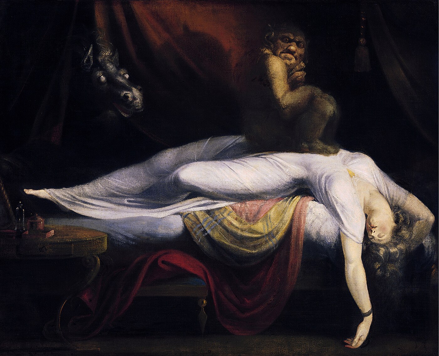 The Nightmare by Henry Fuseli, 1781, oil on canvas, Detroit Institute of Arts, showing a sleeping woman with a demon crouched on her chest and a horse's head emerging from dark curtains.