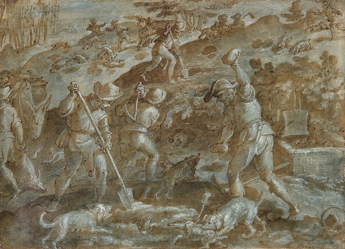 Pen and ink drawing by Joannes Stradanus showing a European badger hunt in a woodland setting, c. 1570–1578, Art Gallery of South Australia.
