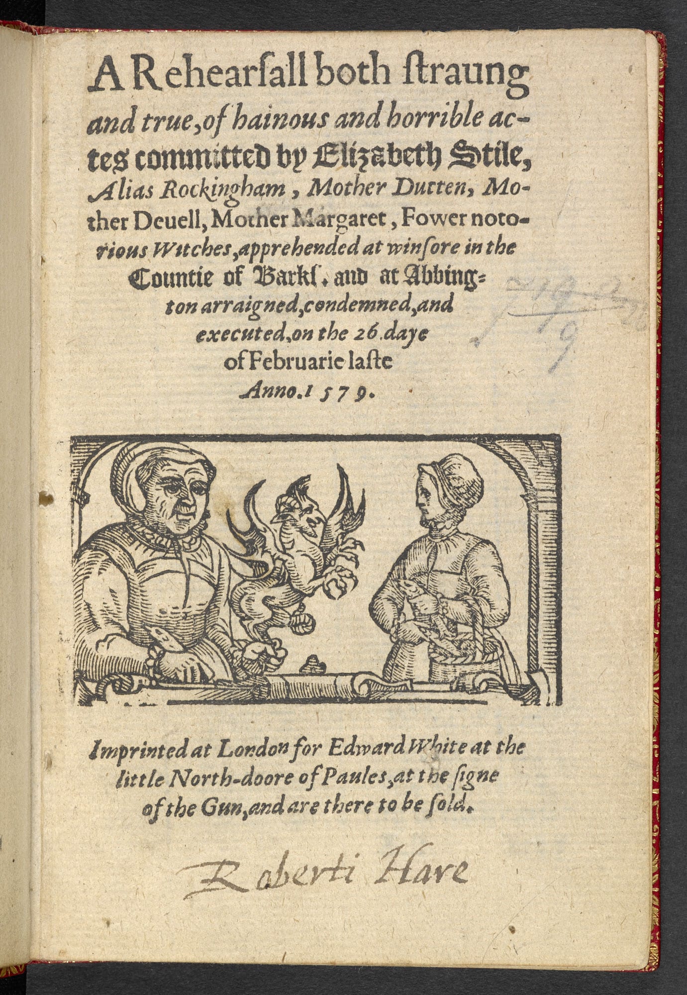 Woodcut from a 1579 English pamphlet showing witches with their animal familiars including cats, rats, and a toad, with the caption identifying the women as witches tried at Chelmsford.