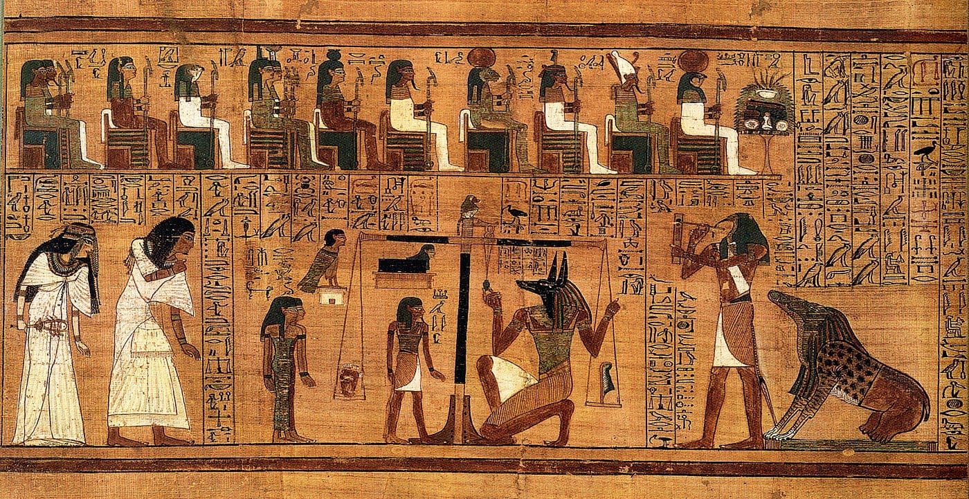 The Weighing of the Heart scene from the Papyrus of Ani, Book of the Dead, c. 1300 BCE, showing Anubis at the scales as Ani's heart is weighed against the feather of Ma'at, British Museum.