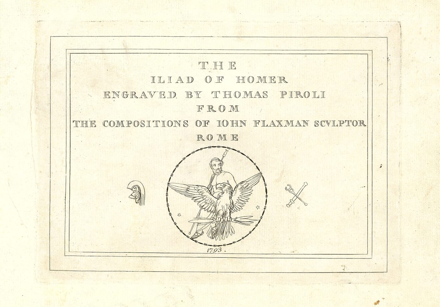 Neoclassical engraving by John Flaxman illustrating the recognition of Odysseus by his dog Argos from Homer's Odyssey Book 17, 1793, showing a disguised Odysseus approaching a gaunt dog on a dungheap.