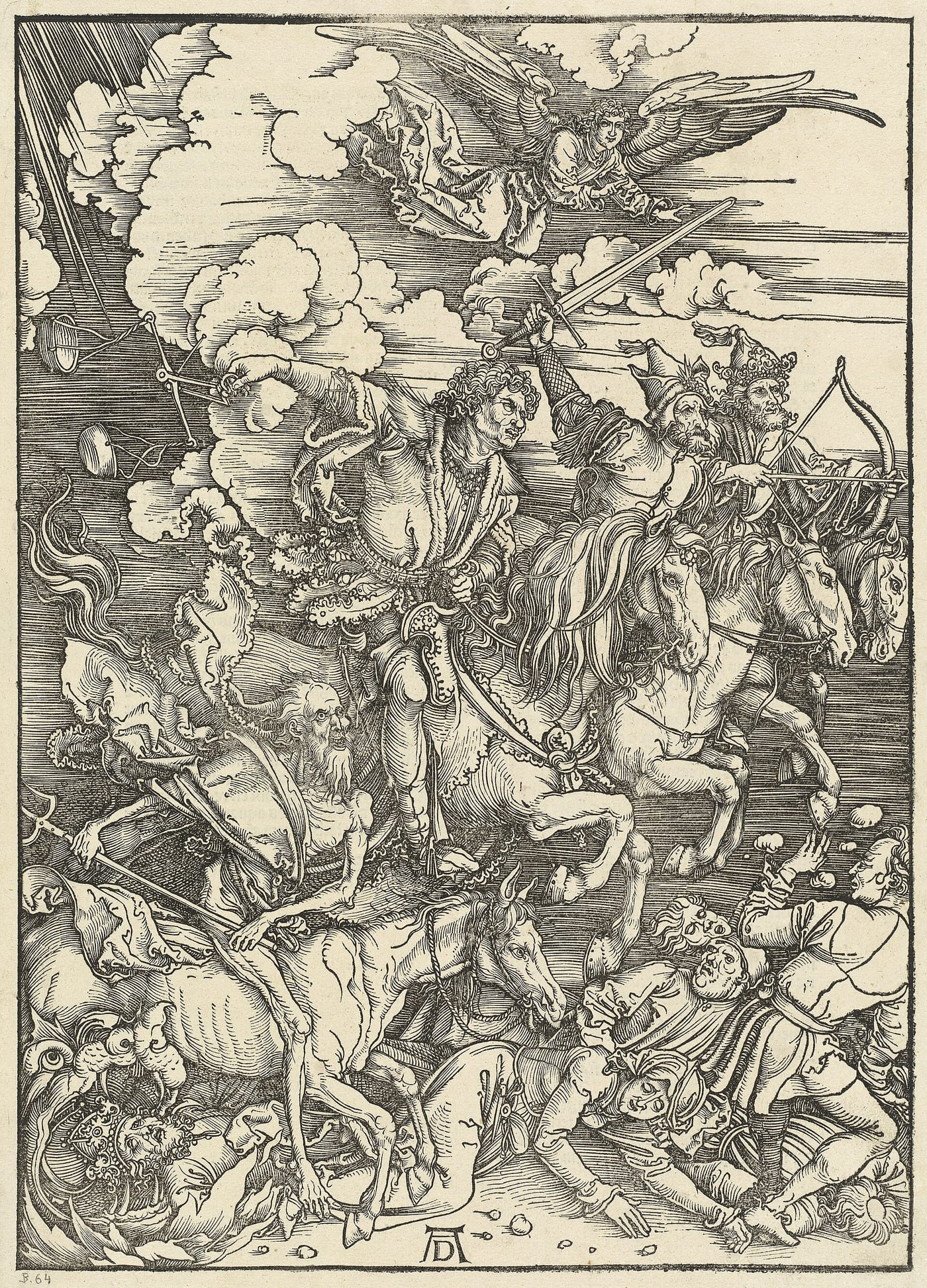 Woodcut by Albrecht Dürer depicting the Four Horsemen of the Apocalypse, 1498, from his Apocalypse series, showing Death, War, Famine, and Pestilence mounted on horses charging across a landscape.