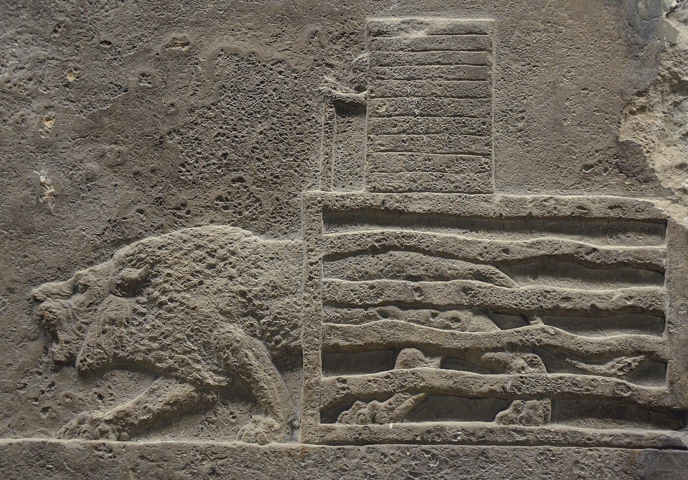 Gypsum hall relief from the North Palace of Nineveh showing Ashurbanipal's royal lion hunt, c. 645–635 BCE, British Museum Room 10a.