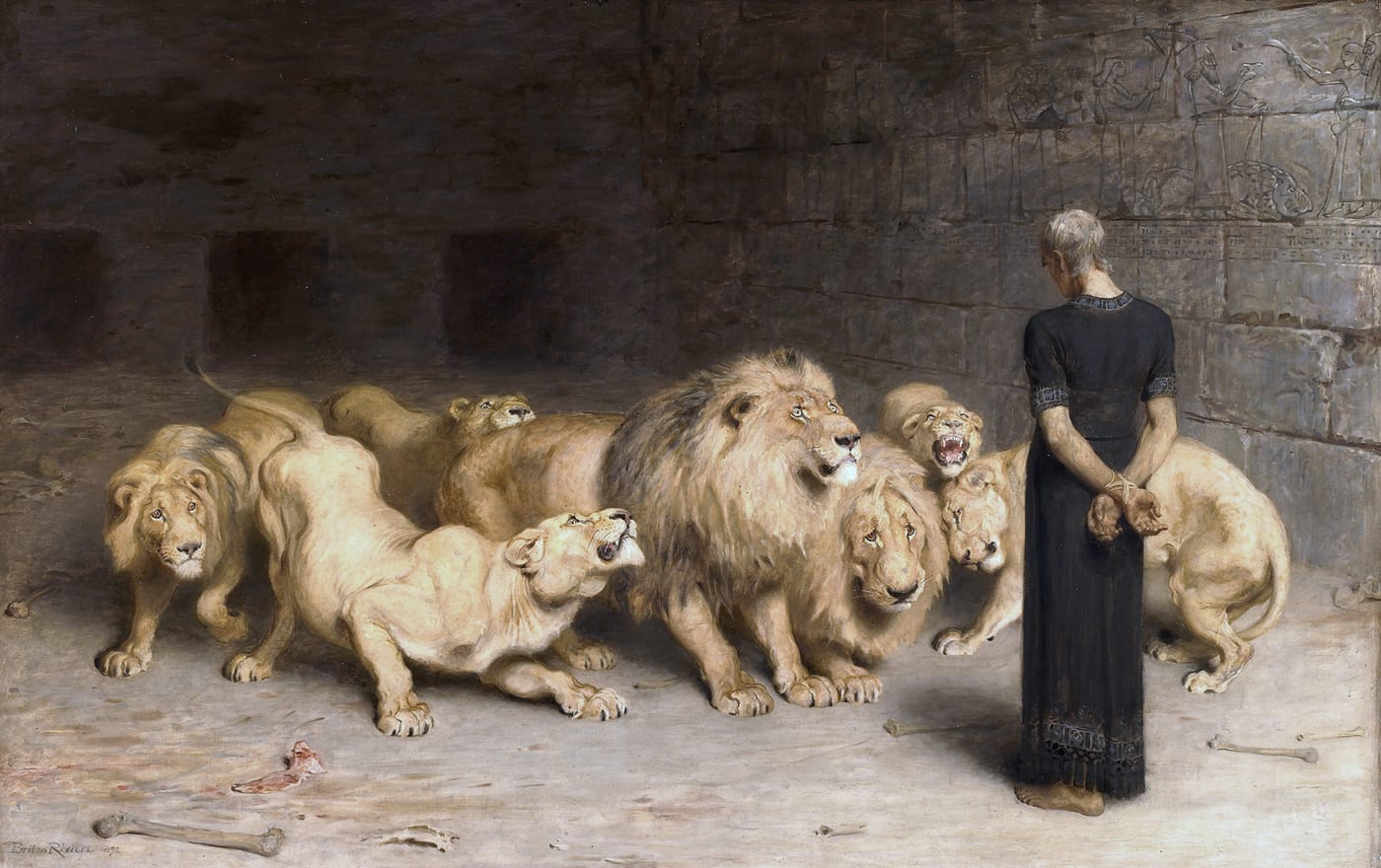 Oil painting by Briton Rivière showing Daniel sitting peacefully among reclining lions in the lion's den, his hands clasped in prayer, 1890, Walker Art Gallery, Liverpool.