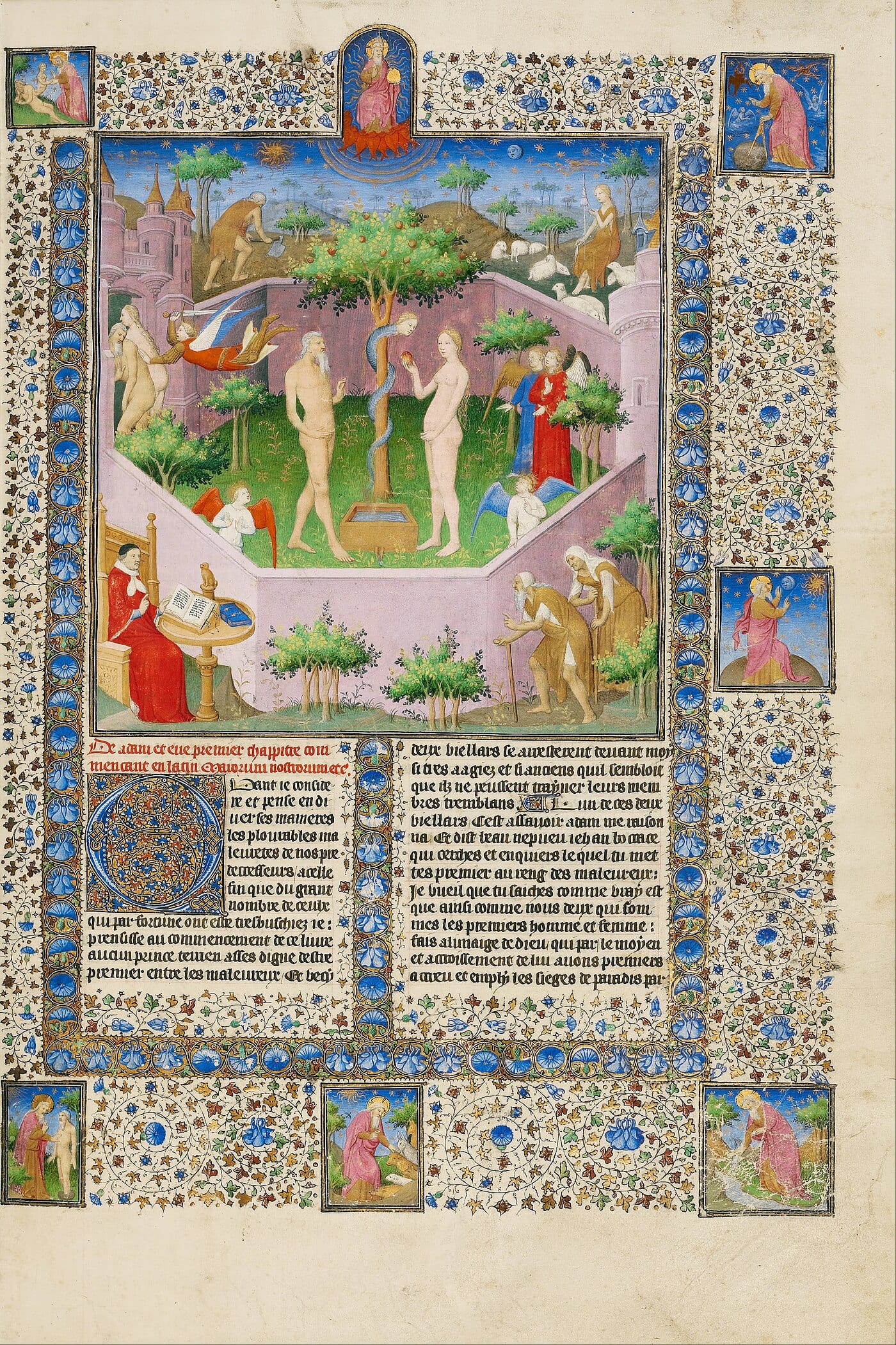 Illuminated manuscript page by the Boucicaut Master showing the story of Adam and Eve with the serpent in the Garden of Eden, c. 1413–1415, Getty Center.