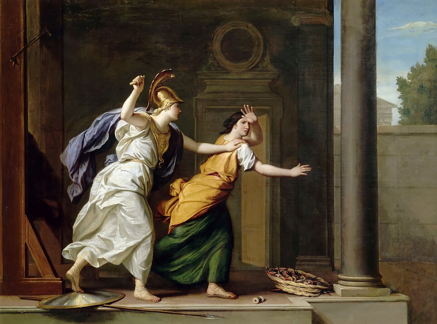 Oil painting by René-Antoine Houasse showing Minerva and Arachne at their looms before the weaving contest, 1706, Palace of Versailles.