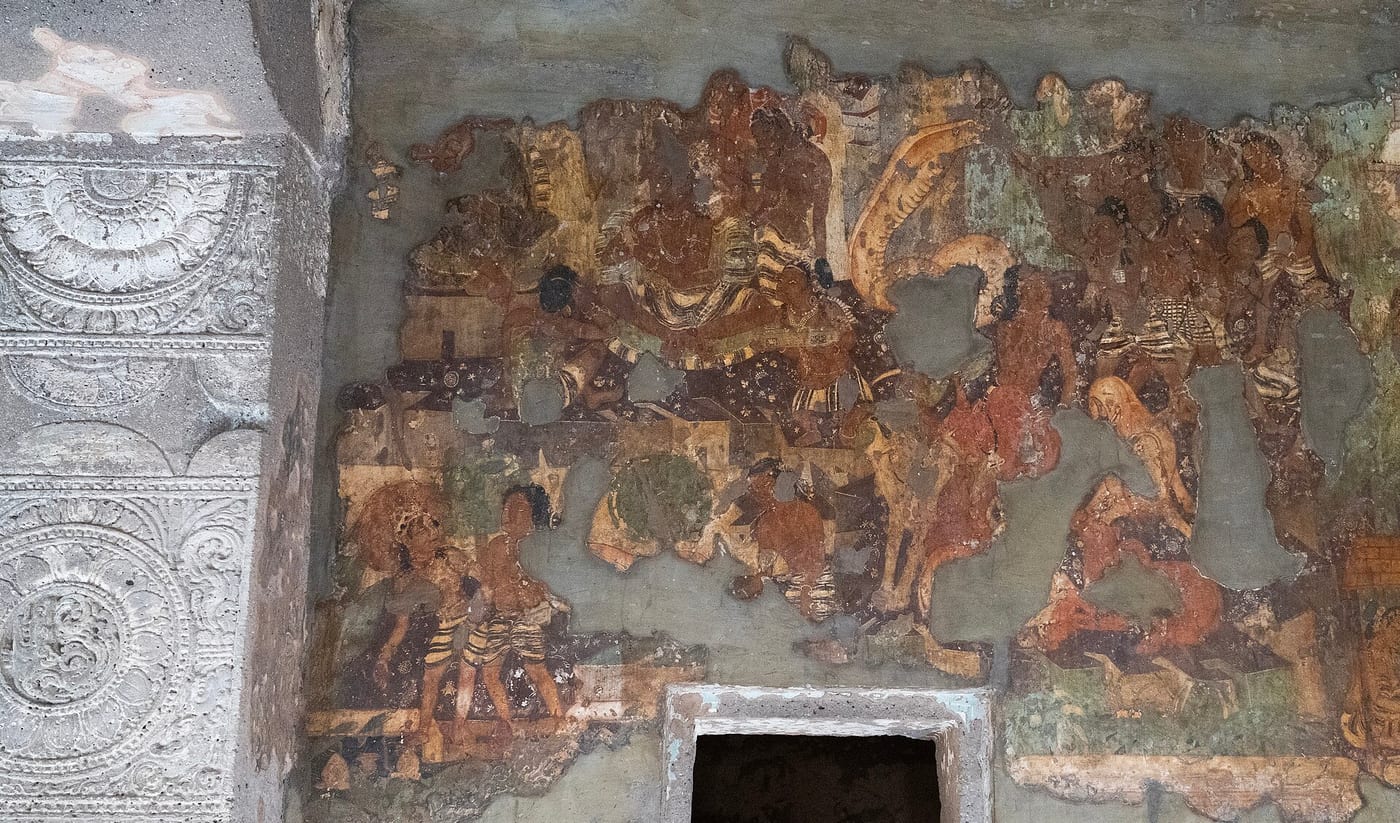 Fresco from Cave 1 at Ajanta, Maharashtra, India, 5th century CE, showing the Naga King (Nāgarāja) — a human-bodied figure with a cobra hood crown — as a protective being in a Buddhist narrative scene.