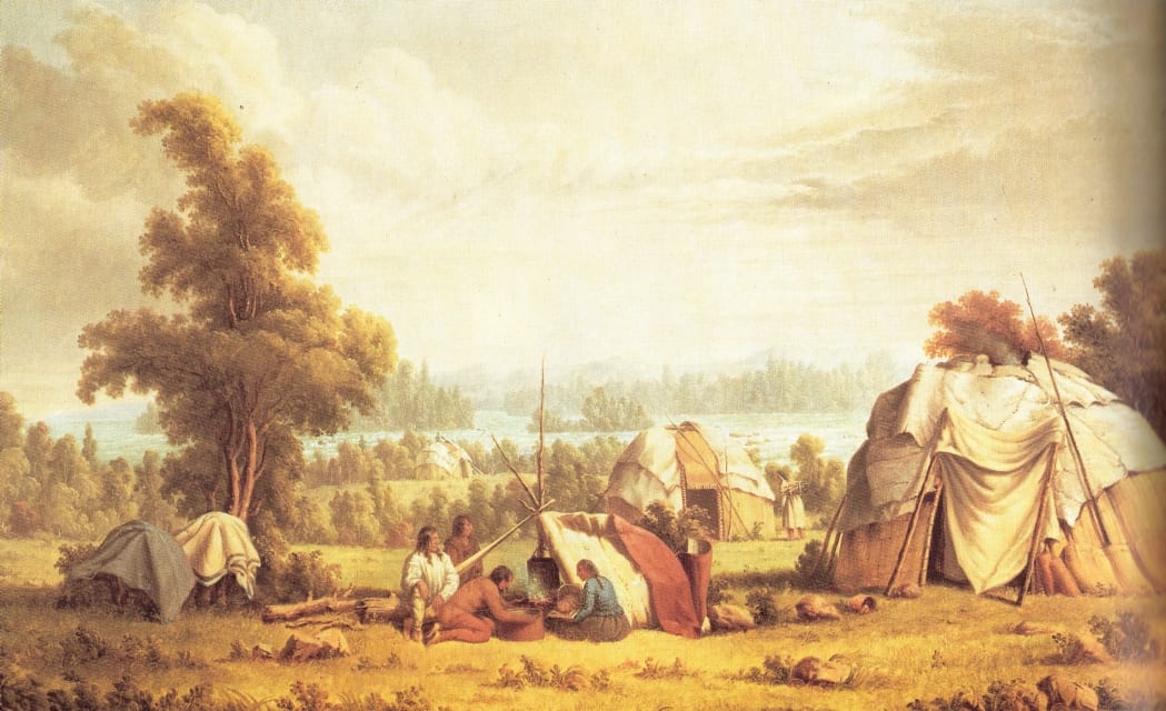 Paul Kane painting of an Ojibwa village at Sault Ste. Marie on Lake Superior, 1846.