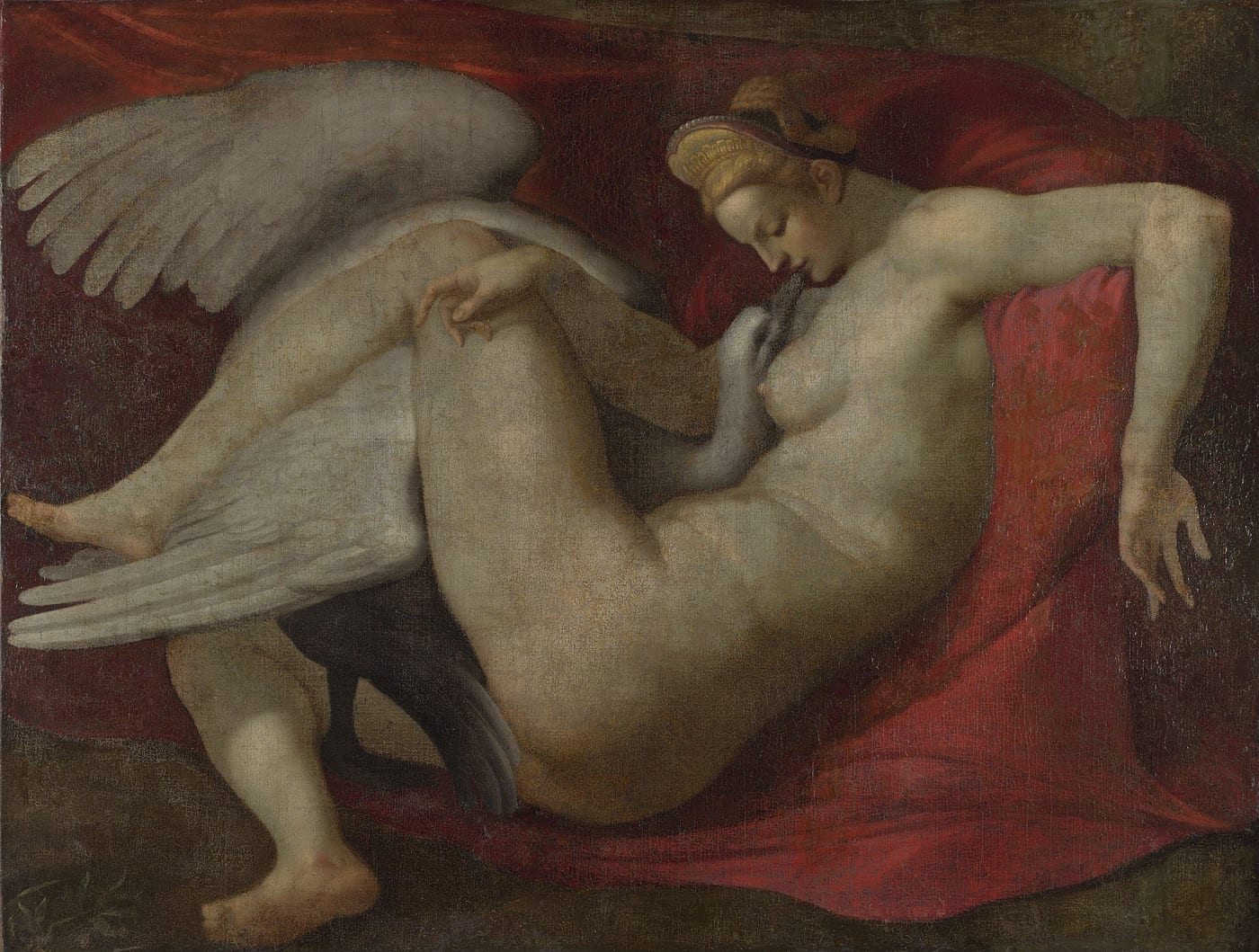 Copy after Michelangelo's lost painting of Leda and the Swan, c. 1530, showing Leda embracing the swan-Zeus, oil on panel, National Gallery, London.