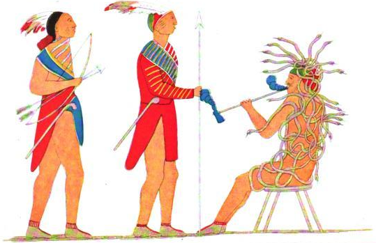 Historical illustration of Tadodaho receiving two Mohawk chieftains, depicting the founding of the Haudenosaunee Confederacy.