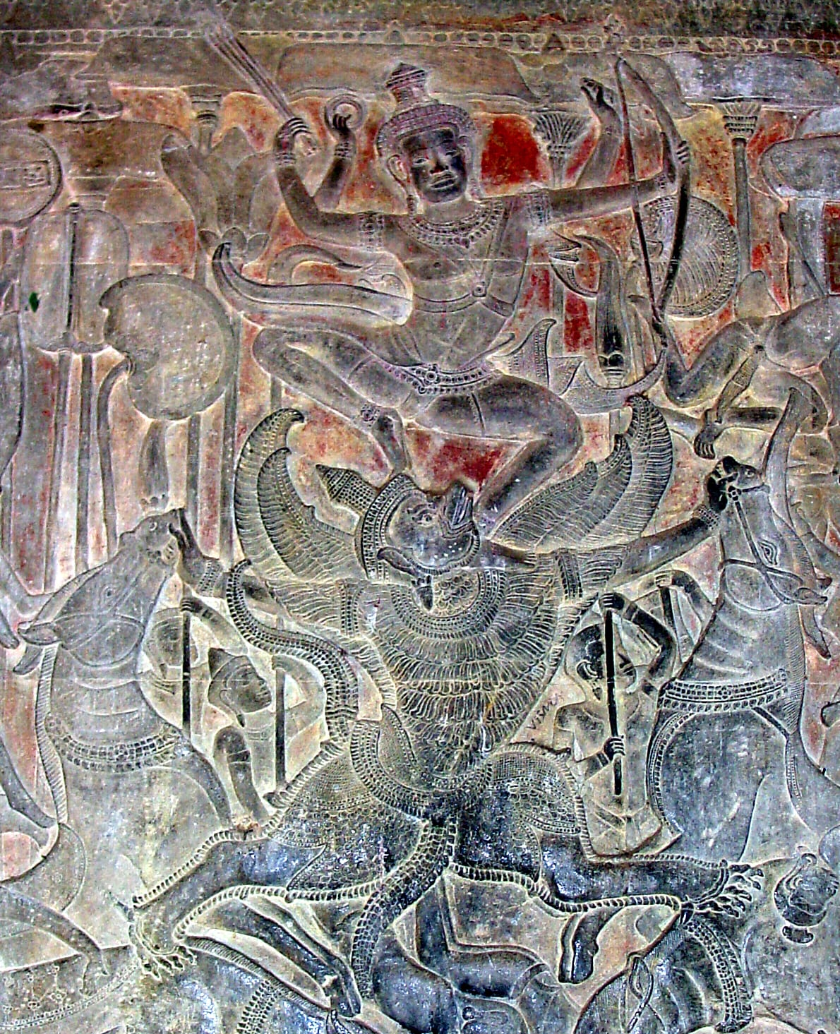 Stone relief of Garuda carrying Vishnu, Khmer period, 12th century CE, from Angkor Wat, Cambodia, now in the National Museum of Cambodia, Phnom Penh.
