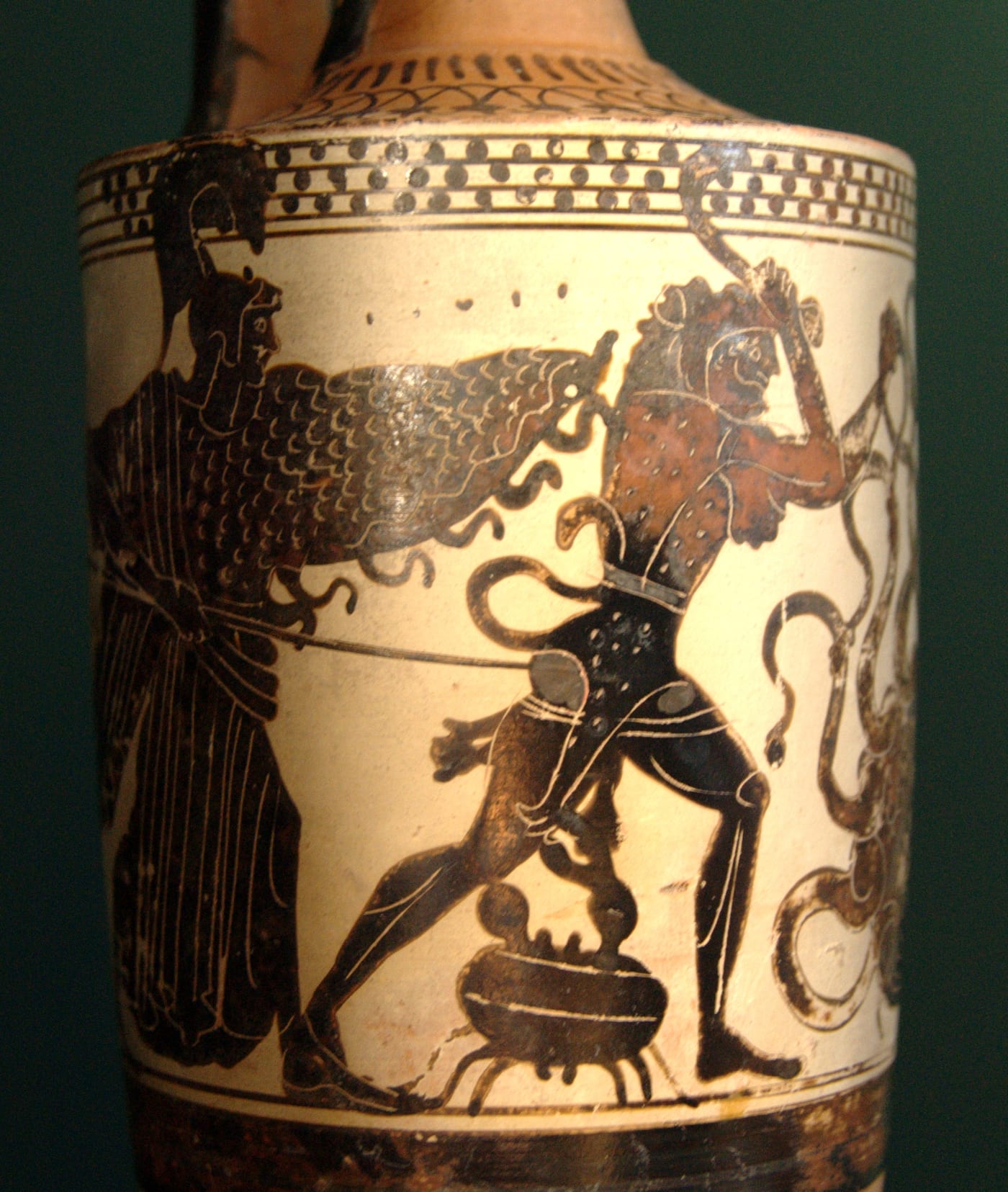 Attic white-ground lekythos from the Louvre depicting Heracles fighting the Lernaean Hydra, attributed to the Diosphos Painter, c. 500–475 BCE.