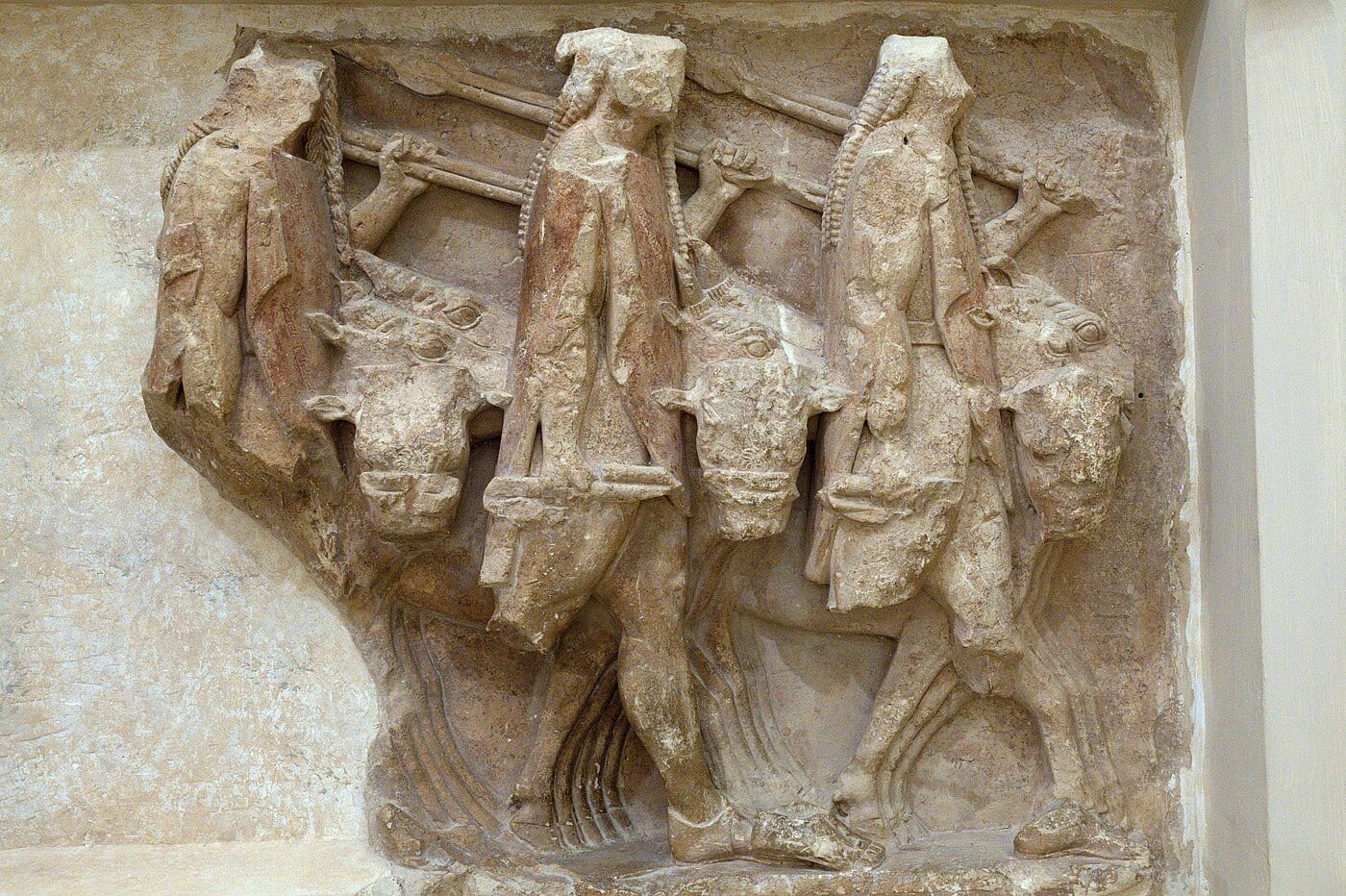 Archaic Greek relief metope showing Castor and Pollux (the Dioscuri) as two standing figures, Treasury of Sicyon at Delphi, Archaeological Museum of Delphi, c. 560 BCE.