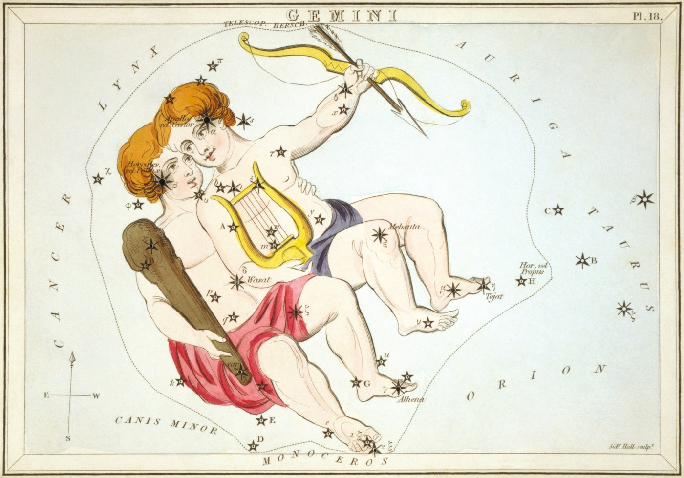 Gemini the Twins from Urania's Mirror, engraved by Sidney Hall, 1824, two figures standing side by side with a club and lyre amid the stars.