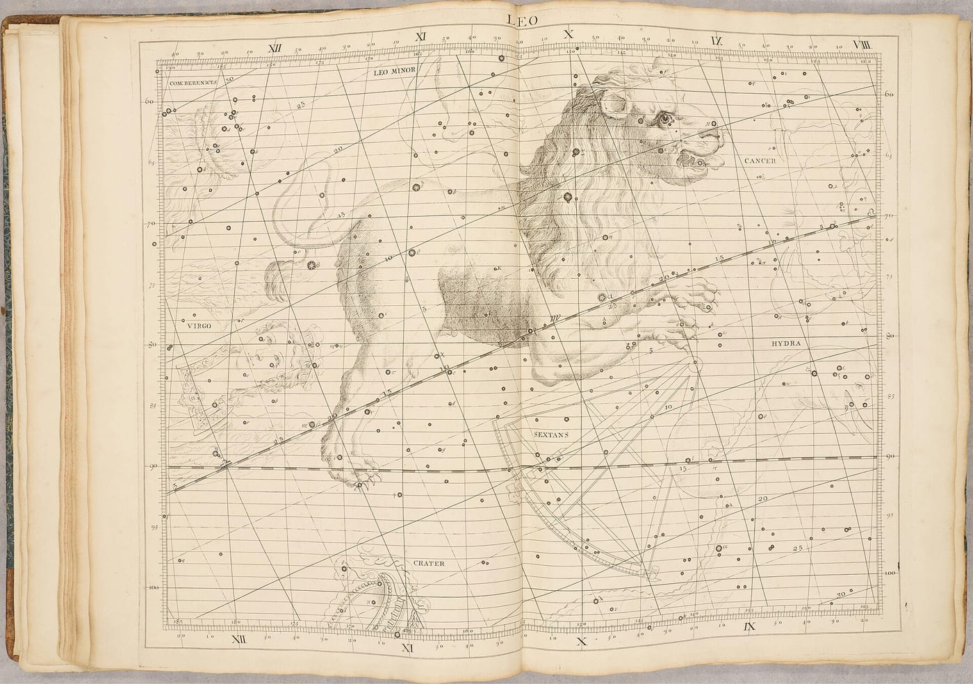 Detail of the constellation Leo from John Flamsteed's Atlas Coelestis, 1729, showing the lion constellation with Regulus marked at the heart, with surrounding star field, British Library.