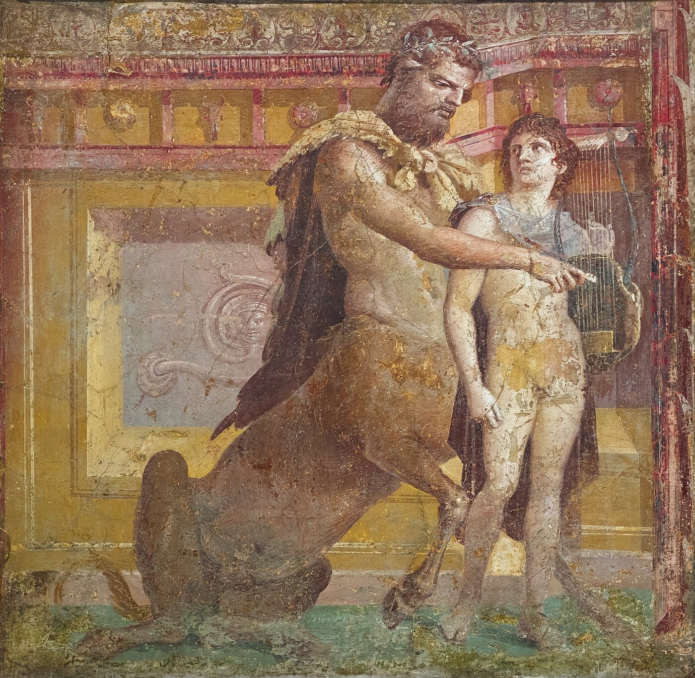 Roman fresco from the Herculaneum Basilica showing the centaur Chiron teaching the young Achilles, Naples National Archaeological Museum inv. 9109.